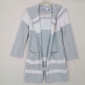LOFT Lounge Cotton Knit Hoodie Sweater Size XS in Gray, White Stripe‎